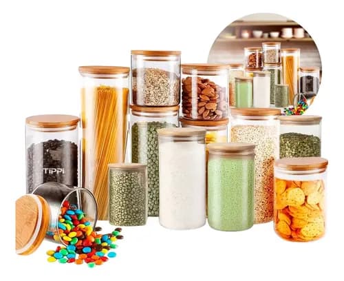 Kit 13 Potes de Vidro Herméticos com Tampa de Bambu para Mantimentos