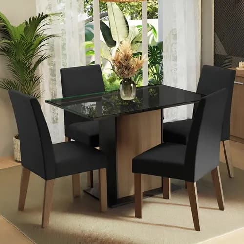 Conjunto Sala de Jantar Madesa Zion: Mesa com Tampo de Vidro + 4 Cadeiras (Rustic/Preto/Oxford) por R$ 784 no Pix com Cupom
