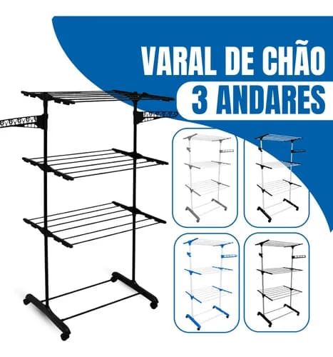 Varal de Chão Dobrável 3 Andares com Rodas Preto