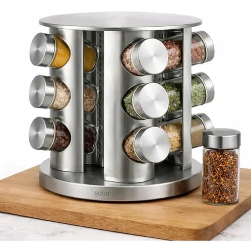 Porta Tempero Giratório 360 Sólar 12 Potes Vidro e Inox
