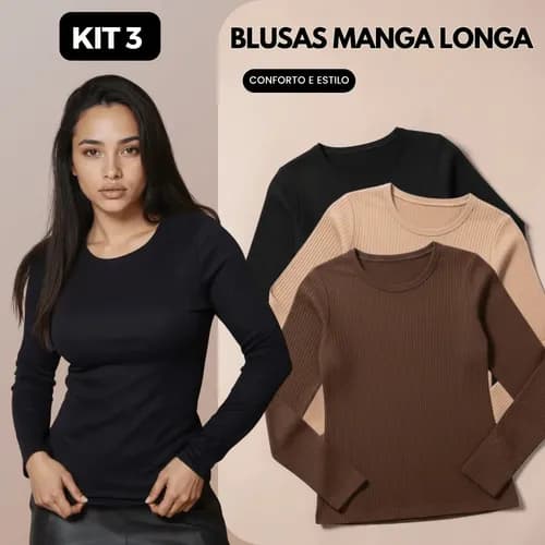 Kit 3 Blusas Manga Longa Segunda Pele Canelada Básica Casual