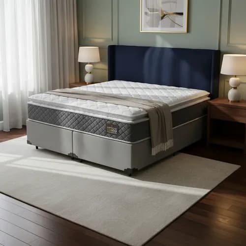 Cama Box Queen com Colchão de Espuma D45 e Pillow Top Cinza