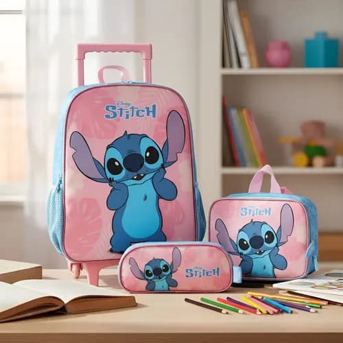 Mochila Rodas Lancheira e Estojo Stitch Disney Rosa