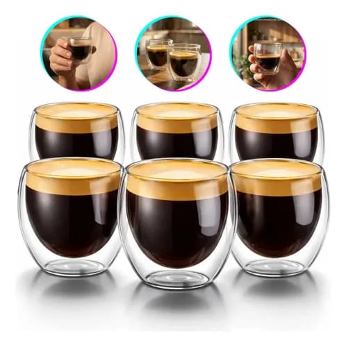 Kit 6 Copos de Cafe Parede Dupla 90ml em Vidro Borossilicato Transparente