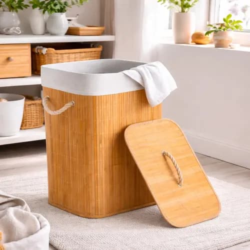 Cesto de Roupa Suja de Bambu Dobrável 72L com Tampa e Alças (Cupom LIQUIDACASA)