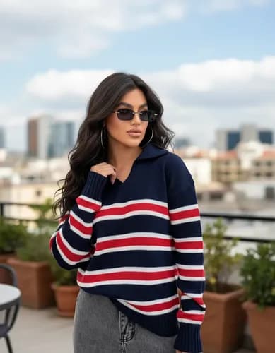 Blusa Feminina Tricot Gola Polo Listrada Moda Inverno