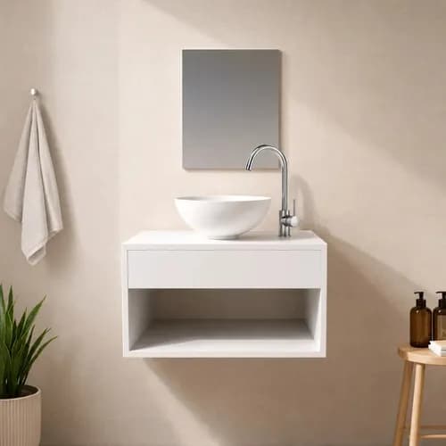 Gabinete para Banheiro 50cm Branco com Cuba Redonda Suspenso (Lavabo) por R$ 128,72