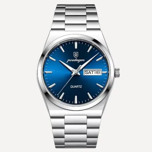 Relógio Masculino Poedagar Old Money Aço Quartzo Prata com Mostrador Azul