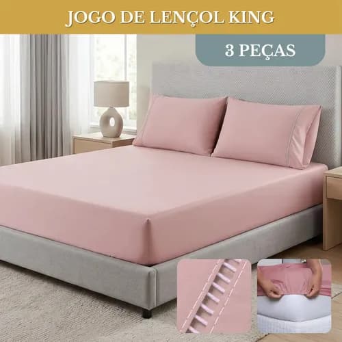 Jogo de Lençol King 3 Peças 400 Fios Rosê com Elástico e Fronhas Ponto Palito