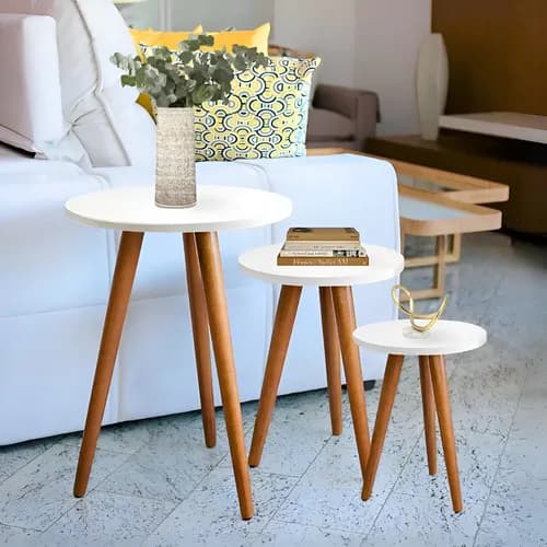 Kit Trio de Mesinhas Laterais Redondas Pé Palito (MDF Branco) com Cupom OFFMELI