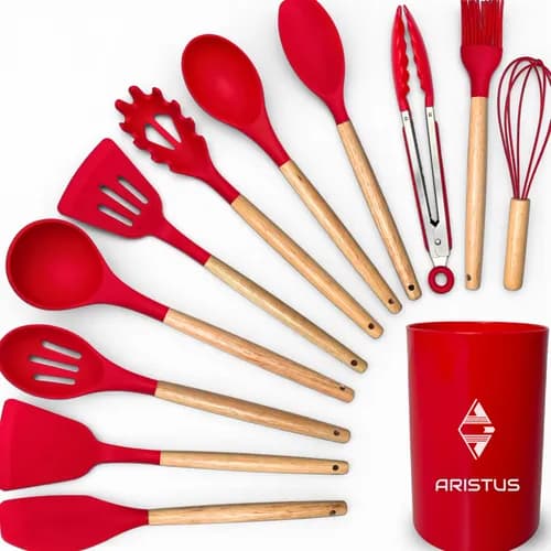 Kit 12 Utensílios de Cozinha em Silicone com Cabo de Madeira - Resistente ao Calor