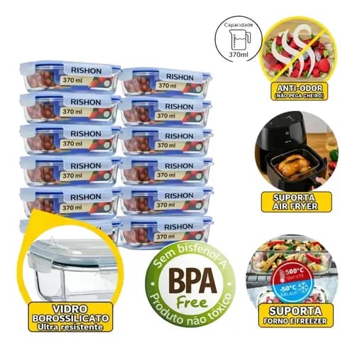 Kit 10 Potes de Vidro Hermeticos 370ml para Marmita/Freezer (Rishon) por R$ 69 no Pix