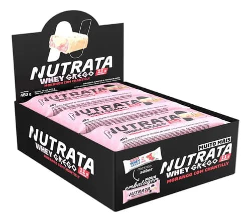 Barra Whey Grego Nutrata 40g Morango com Chantilly - Display com 12 Unidades