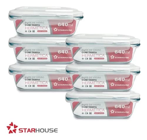 Kit 6 Potes de Vidro Herméticos 640ml com Tampa e 4 Travas (Star House) por R$ 55,07