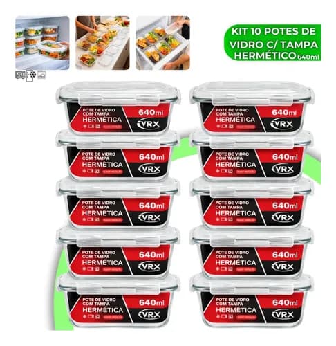 Kit 10 Potes de Vidro Herméticos 640ml com 4 Travas para Marmita (Forno/Micro-ondas/Freezer) por R$ 79,99