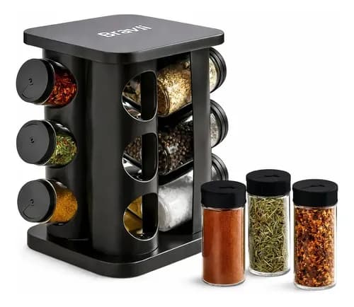 Porta Temperos Giratório Bravli com 12 Potes de Vidro e Tampa Dosadora (3 Regulagens) Preto — R$33 com cupom