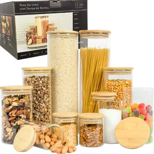 Kit 10 Potes Herméticos de Vidro com Tampa de Bambu Seiri para Mantimentos