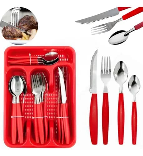 Faqueiro Inox 25 Pecas com Porta-Talheres Vermelho (EPS-25P) por R$ 26,44