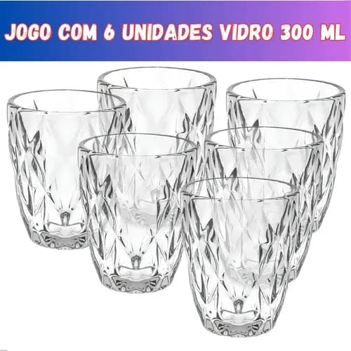 Jogo com 6 Copos de Vidro Estilo Diamante 300ml (Branco) por R$ 26,90