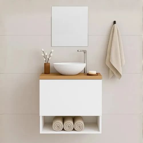 Gabinete para Banheiro 40cm com Cuba e Espelho Hanover Branco/Carvalho