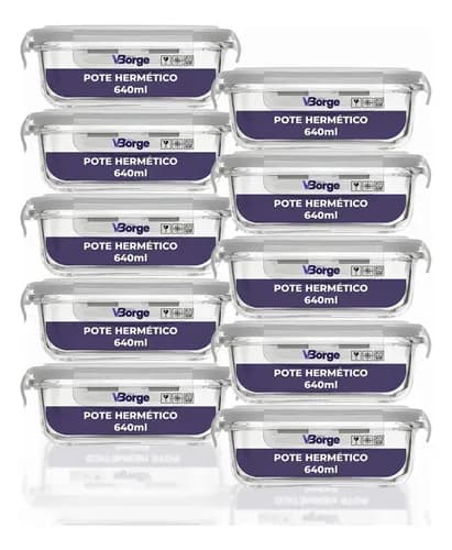 Kit 10 Marmitas de Vidro 640ml com Tampa Hermética