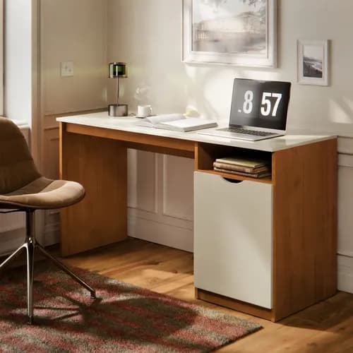 Escrivaninha 115cm com Porta e Nicho para Home Office Canela/Off White