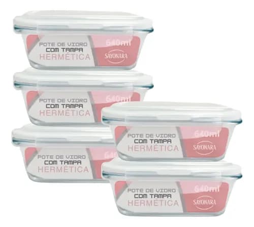 Conjunto 5 Potes de Vidro Hermético 640ml Mantimentos Marmita