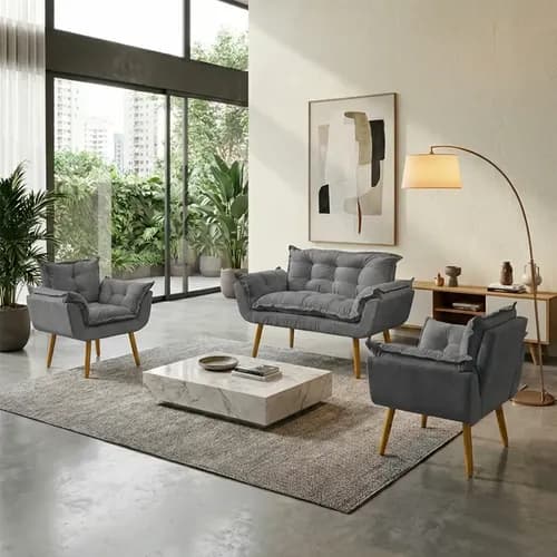 Kit Namoradeira + 2 Poltronas Alice em Suede Cinza para Sala/Recepção
