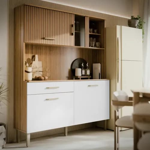 Armário de Cozinha Viena Plus com Balcão e Gaveta para Micro-ondas e Forno Mel/Branco M Casa Móveis
