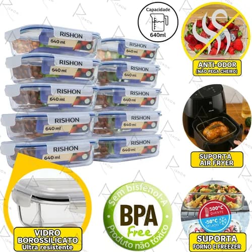 Kit 10 Potes de Vidro Hermeticos 640ml para Marmita (Rishon) por R$ 83 no Pix