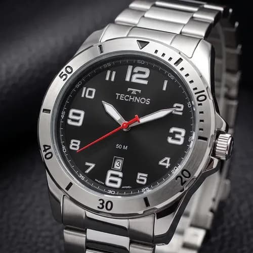 Relógio Masculino Technos Aço Inox Prata com Fundo Preto por R$ 201 no Pix (cupom ESTILOML)