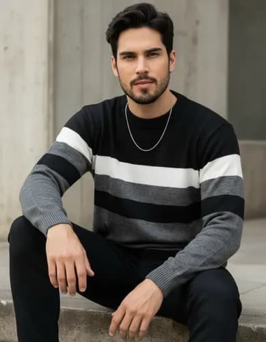 Blusa Tricô Masculina Listrada Gola Redonda (Inverno) por R$ 48 com cupom MODANOML