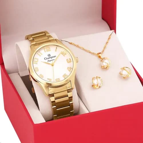 Relógio Champion Feminino Dourado com Kit Colar e Brincos Original