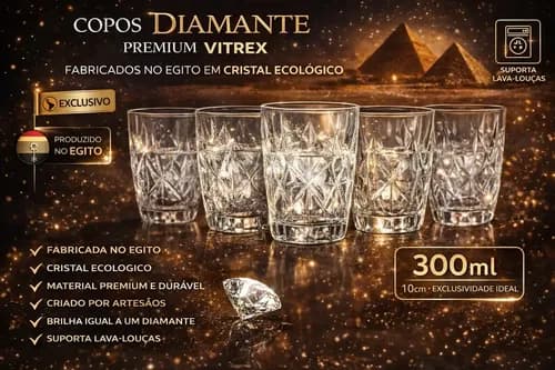 Jogo 6 Copos Diamond Egipcio Vitrex 300ml Vidro Grosso Transparente (Preco no Pix)