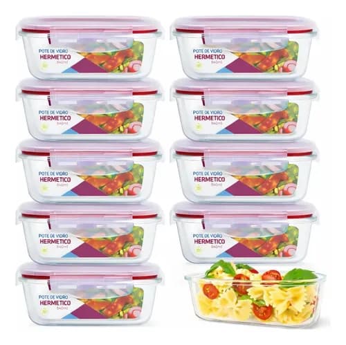 Kit 10 Potes Herméticos de Vidro 640ml para Marmita (Forno e Micro-ondas) com Cupom