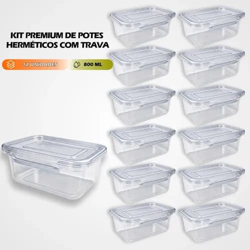 Kit 12 Marmitas 800ml com Trava Lateral Transparente