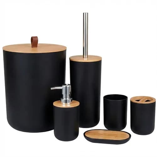 Conjunto Banheiro 6 Peças Lixeira Bambu Shokki