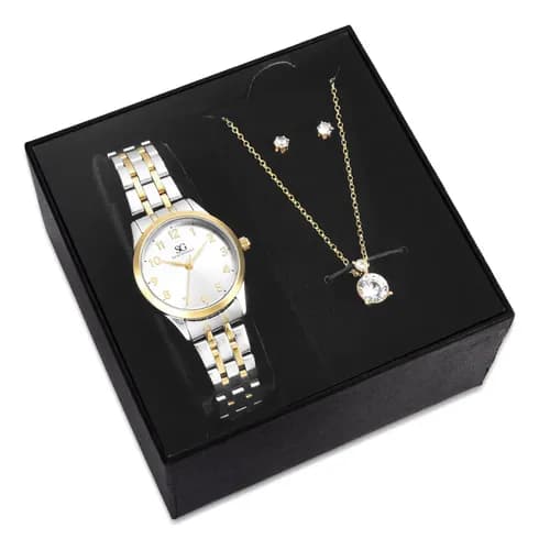 Kit Relógio Saint Germain 28mm + Colar e Brincos Ponto de Luz (Dourado/Prateado) por R$ 95,92 no PIX