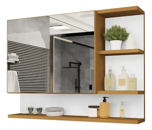 Espelheira Cleópatra 60 cm para Banheiro com Espelho e Porta Nature/Branco por R$129 (cupom SUPERCUPOM)