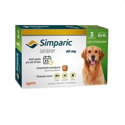 Simparic 80mg Zoetis (Cães 20,1 a 40kg) 3 Comprimidos por R$ 249 + cupom