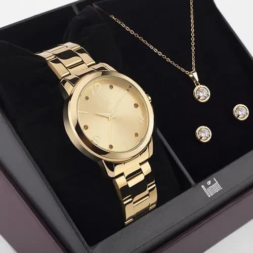 Relógio Feminino Dumont Dourado Kit Semijoia