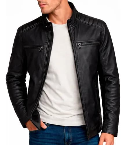 Jaqueta de Couro Masculina Slim Sem Capuz