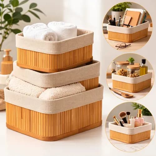 Kit 3 Cestos Organizadores de Bambu Multiuso com Forro