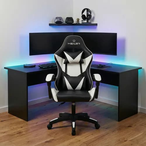 Cadeira Gamer Healer Lancer Preta e Branca com Encosto Reclinável