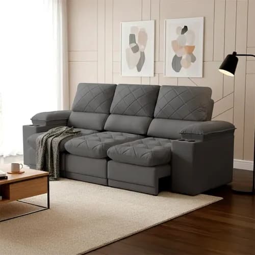 Sofa Veneza 2,40m Retratil e Reclinavel Grafite com USB e Porta-Copos (Cupom)
