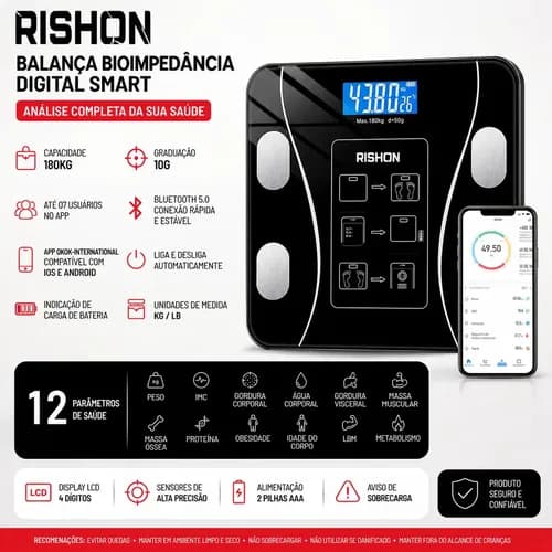 Balança Bioimpedancia Digital 180kg Smart com App Rishon