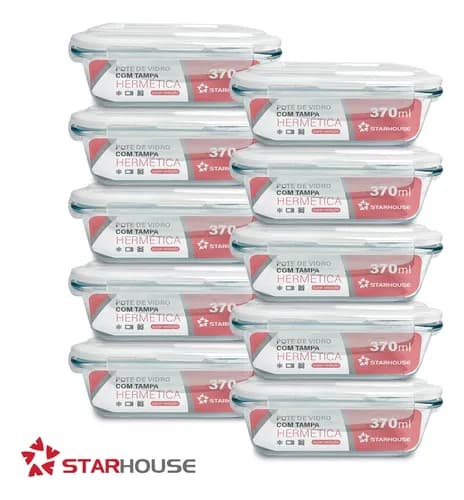 Kit 10 Potes de Vidro 370ml Hermético Star House