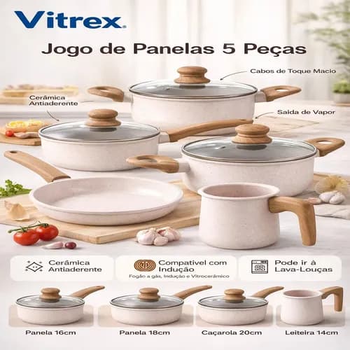 Jogo de Panelas Ceramico Vitrex Ecoglide 5 Pecas (Inducao) Baunilha por R$ 212 no Pix com cupom PARACASA
