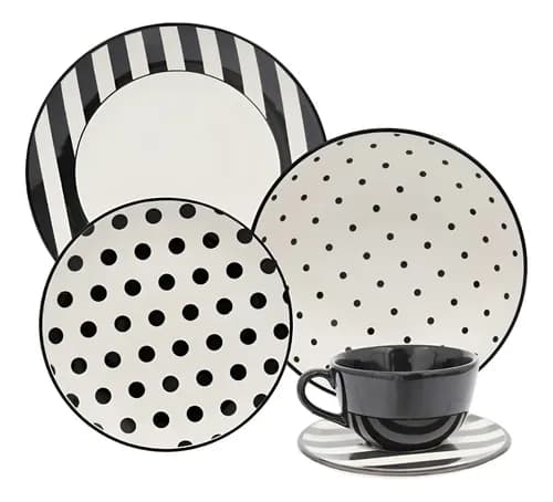 Aparelho de Jantar e Chá Oxford Unni Stripes and Dots 30 Peças com cupom OFFPRACASA