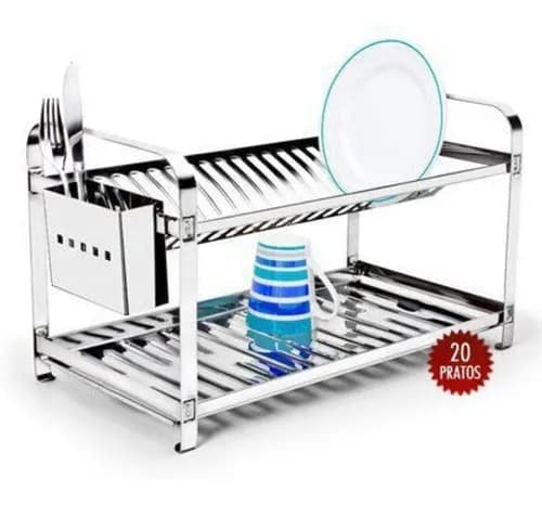 Escorredor de Pratos em Inox Fixo 20 Pratos com Porta-Talher